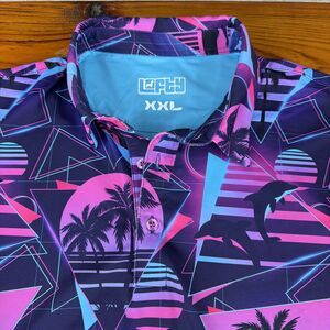 Lofty Llama Miami Slice Performance Polo Shirt Men's 2XL Retro Vaporwave Golf